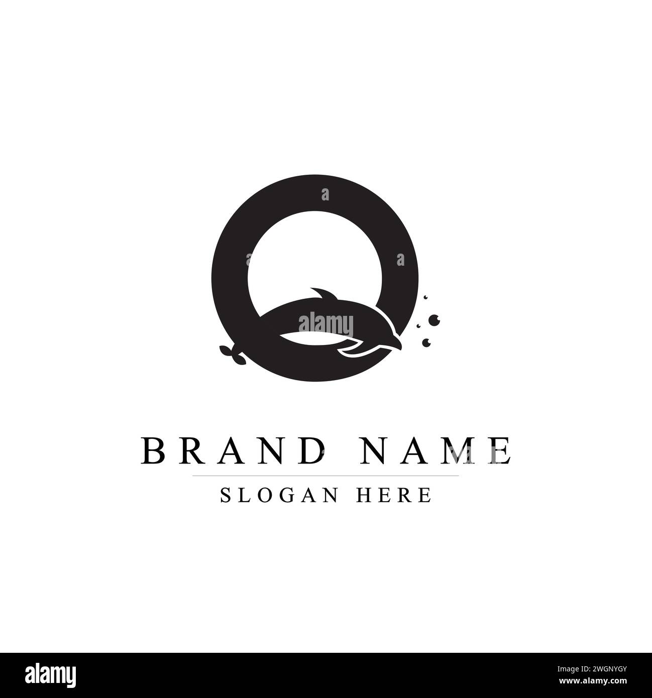 Alfabeto Q iniziale con logo Dolphin, logo Letter o effetto bolla Illustrazione Vettoriale