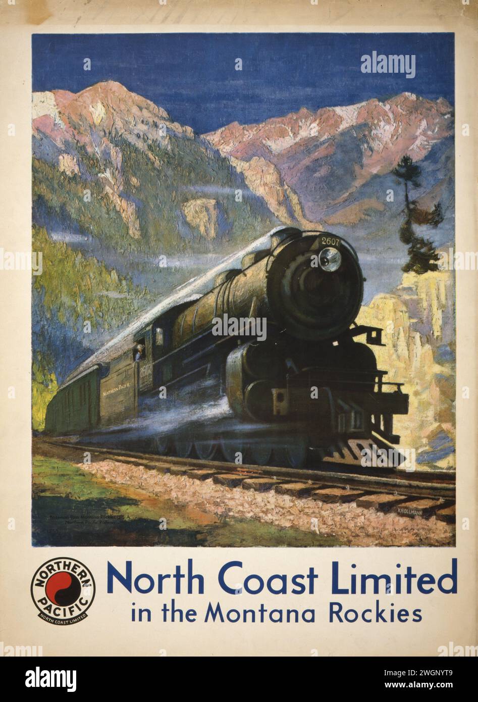 Vintage Travel pubblicato per 'North Coast Limited nelle Montagne Rocciose del Montana'. Immagine raffigura un treno a vapore d'epoca che attraversa le montagne, la Northern Pacific Railway era una ferrovia transcontinentale che operava attraverso il livello settentrionale degli Stati Uniti occidentali, dal Minnesota al Pacifico nord-occidentale Foto Stock