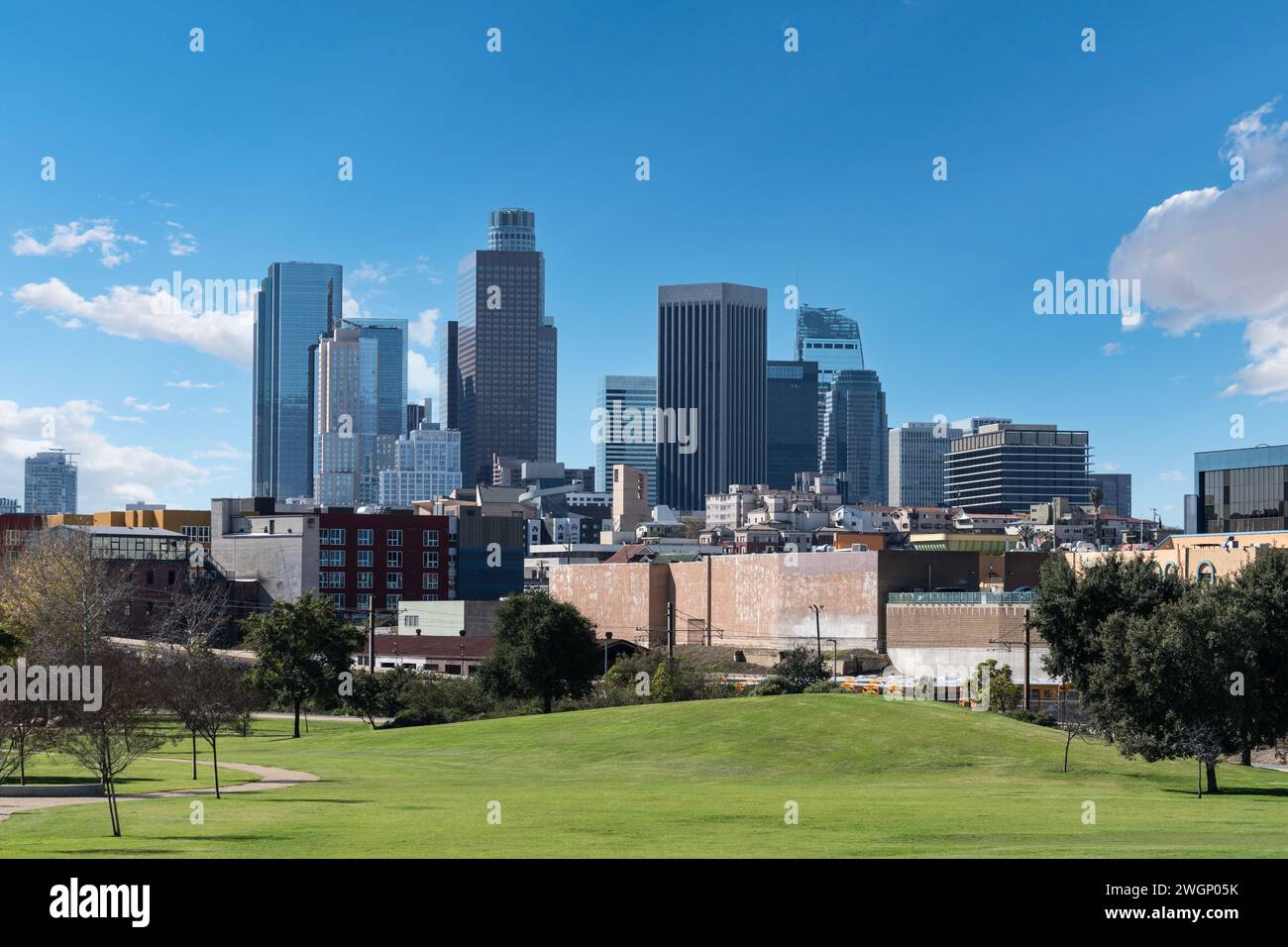 Skyline del centro di Los Angeles con un parco pubblico erboso in primo piano. Foto Stock