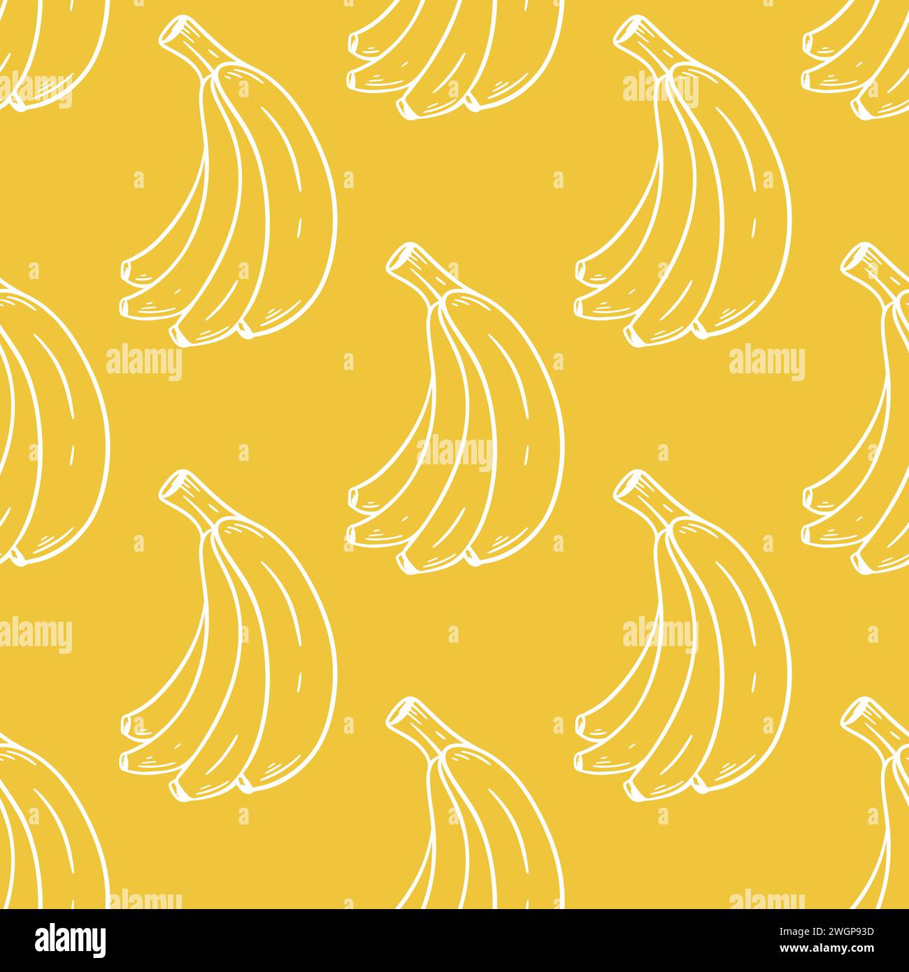 Banane bianche su sfondo giallo. Motivo senza cuciture con banane mature. Stampa estiva tropicale di frutta per tessuti, imballaggi, carta e design, Illustrazione Vettoriale