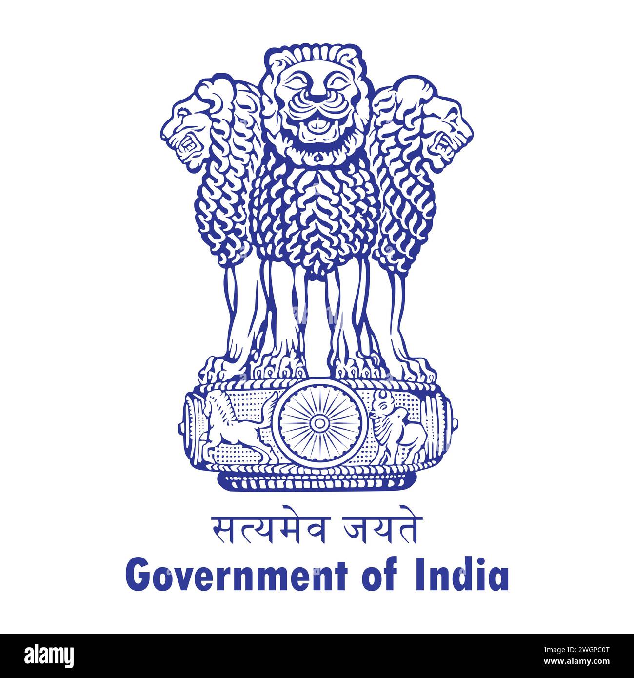 Icona blu del simbolo del montante Ashok. Simbolo Satyamev jayete . Icona del simbolo del governo dell'India di colore blu (emblema dell'India). Simbolo del governo dell'India. Illustrazione Vettoriale