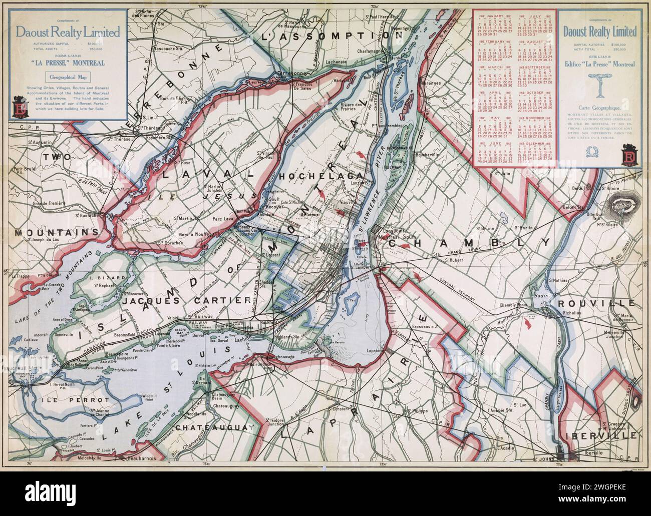 Mappa geografica vintage che mostra città, villaggi, percorsi e alloggi generali dell'isola di Montreal e dei suoi dintorni... prodotta da Daoust Realty Limited. intorno al 1911 Foto Stock