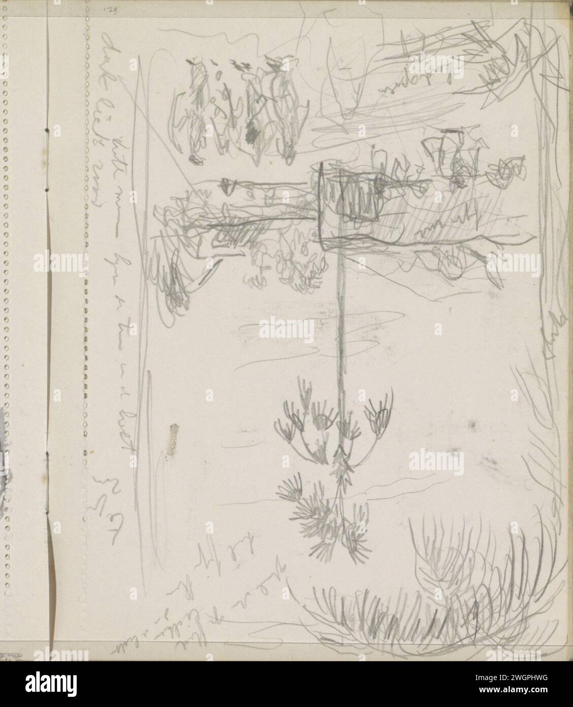 Paesaggio collinare con palme e figure, 1925 pagina 129 da un bozzetto con 67 fogli. Giornale dell'Indonesia. paesaggi a matita (+ paesaggio con figure, personale). (alta) salita. alberi: palma Foto Stock