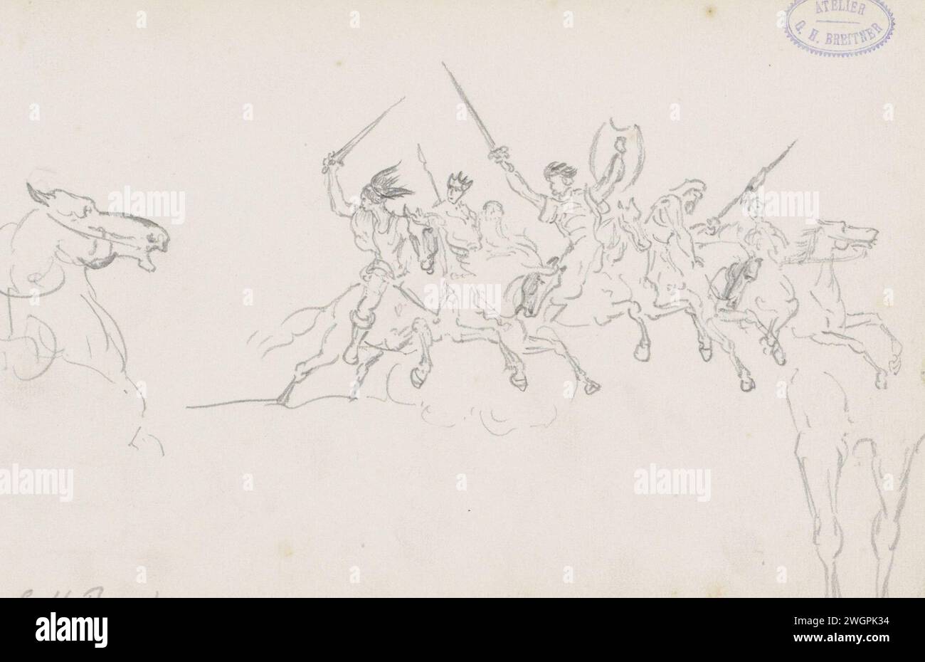 Soldati con armi sollevate su cavalli al galoppo, 1874 - 1876 disegnando carta Rotterdam. cavallo al galoppo a matita. il soldato; la vita del soldato (+ cavalleria, cavalieri). hacking e sputare armi Foto Stock