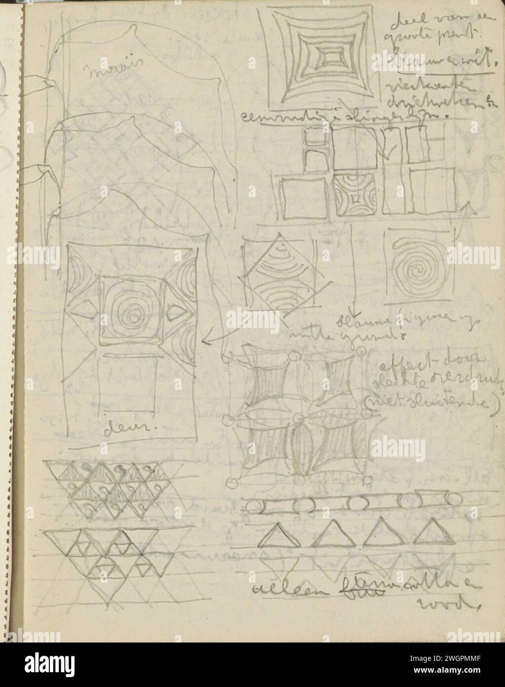 Porte e motivi decorativi, c. 1916 - c. 1945 compresi motivi con ghirlande, quadrati e triangoli. Pagina 55 Recto from a sketchbook with 60 sheets. Carta africana. ornamenti a matita  arte Foto Stock
