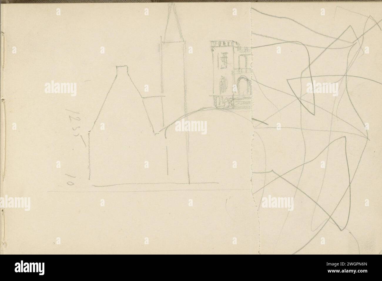 Facciata Tuit e guglia, c. 1905 Page 4 Recto da un bozzetto con 27 riviste. carta. facciata a matita (di casa o edificio). torre (di casa o edificio) Foto Stock