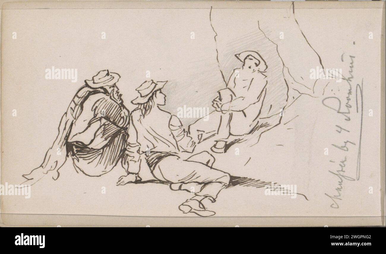 Due cacciatori seduti con cani in una foresta, 1873 Leaf 11 verso e 12 recto da un foglietto con 46 fogli. carta. inchiostro. foresta di penne a matita, legno. cacciatore. cane. armi da fuoco Foto Stock Due cacciatori seduti con cani in una foresta, 1873 Leaf 11 verso e 12 recto da un foglietto con 46 fogli. carta. inchiostro. foresta di penne a matita, legno. cacciatore. cane. armi da fuoco Foto Stock