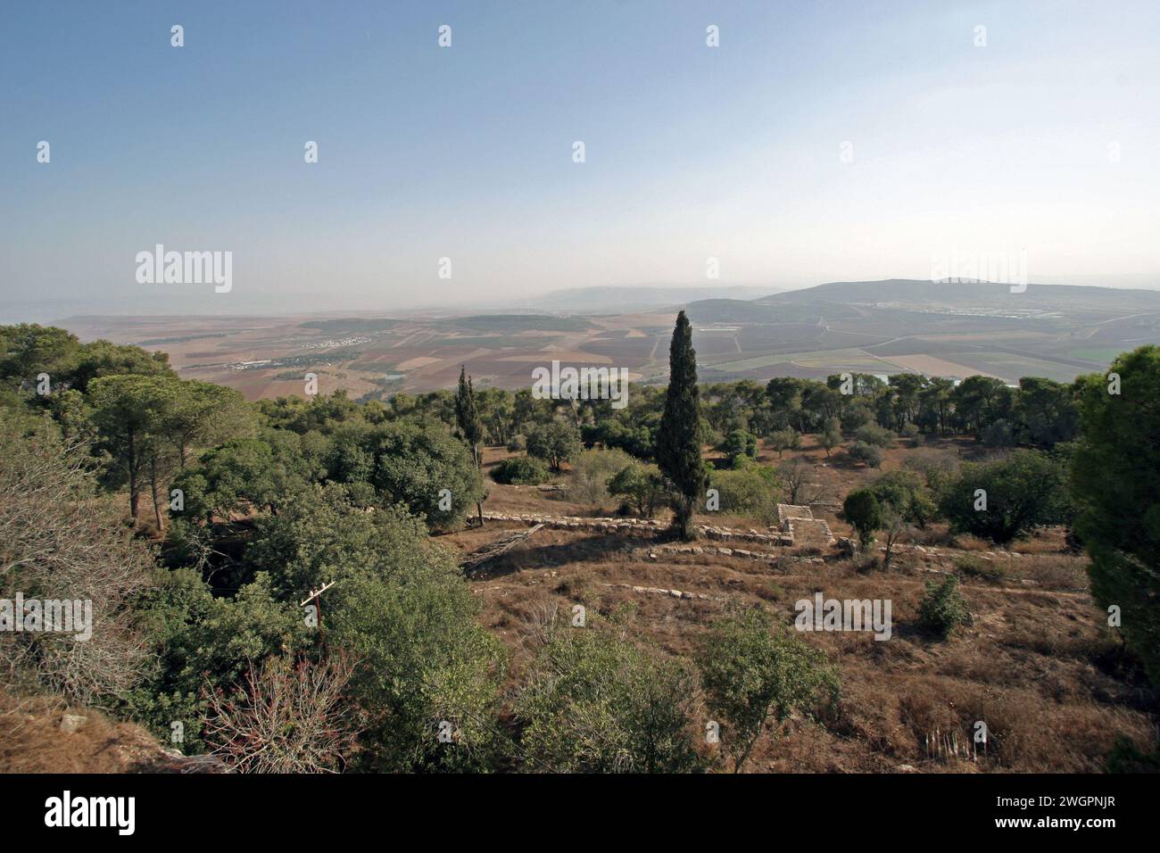 Vista sulla Terra Santa dalla Basilica della Trasfigurazione, Monte Tabor, Israele Foto Stock