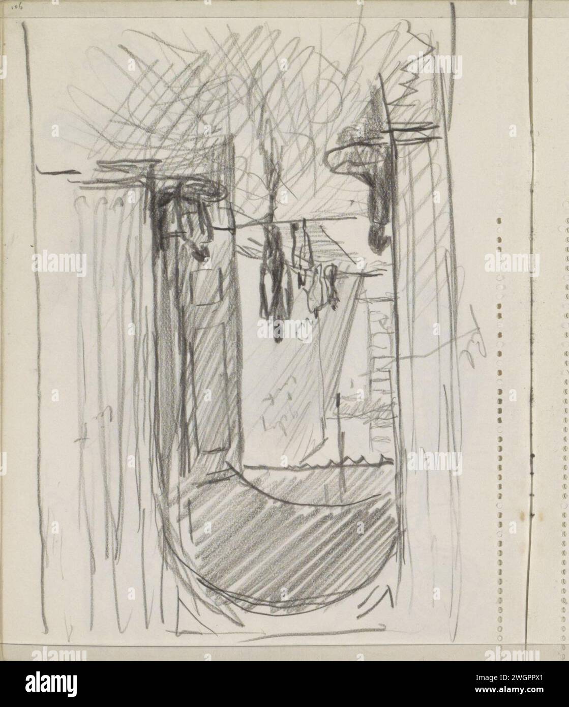 Strada con figure, vista dalle porte aperte di un edificio, 1925 pagina 106 da un bozzetto con 67 fogli. Giornale dell'Indonesia. via gesso (+ città(-paesaggio) con figure, personale). aprire lo sportello Foto Stock