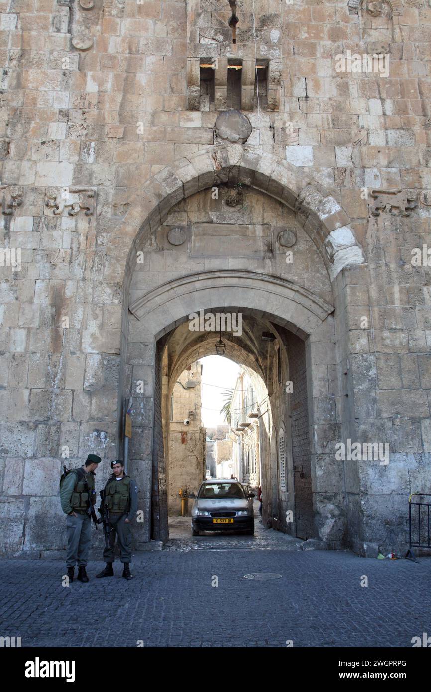 Lions' Gate (anche St La porta di Stefano o porta delle pecore), una delle porte della città Vecchia di Gerusalemme, Israele Foto Stock