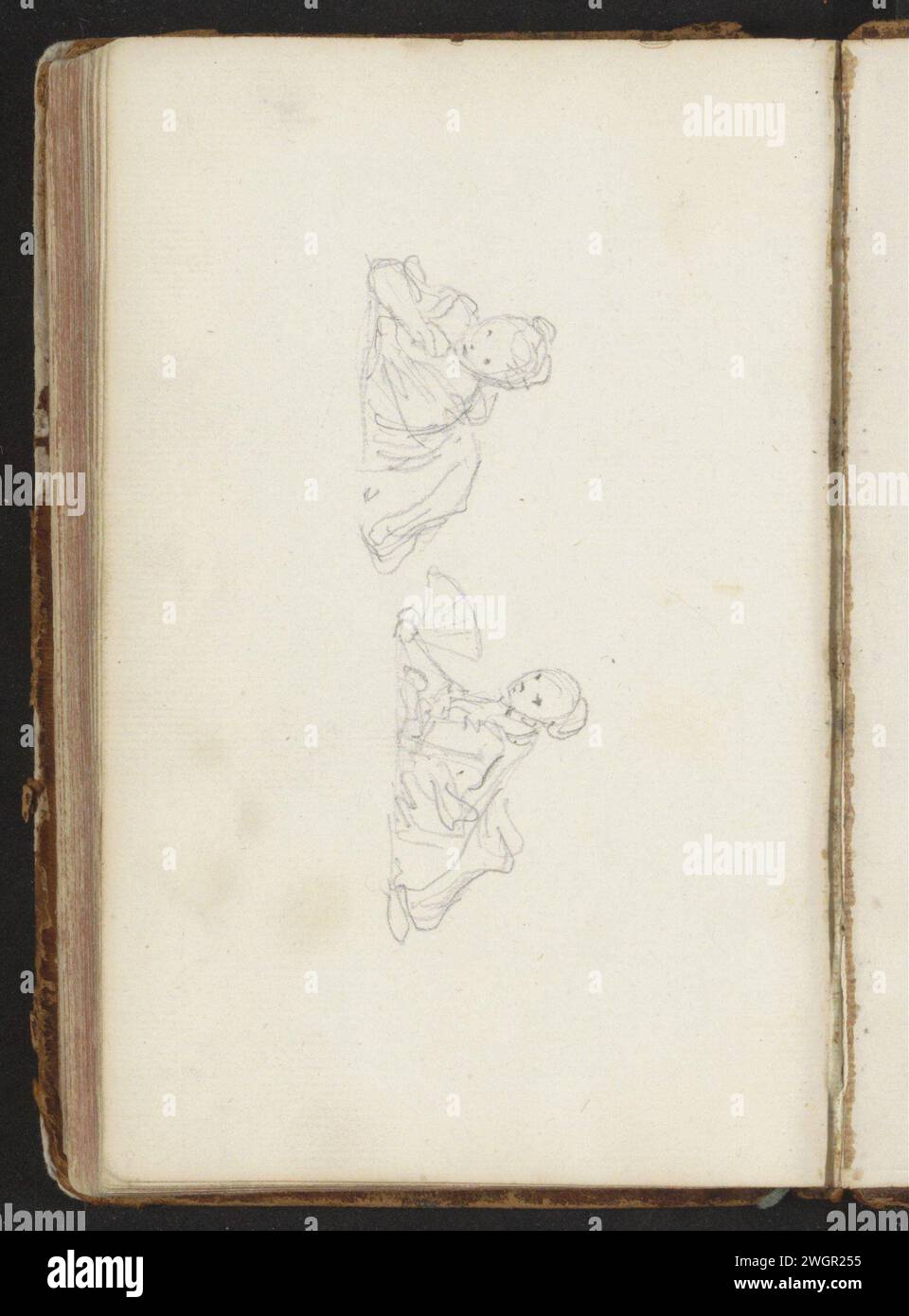Due ragazze sdraiate per terra, c. 1765 - c. 1775 le ragazze sono sul loro stomaco per terra. Uno di loro ha un ventilatore in mano. Pagina 81 verso da un bozzetto con 83 fogli. carta. Figura che giace a matita - AA - figura umana femminile. ventola Foto Stock