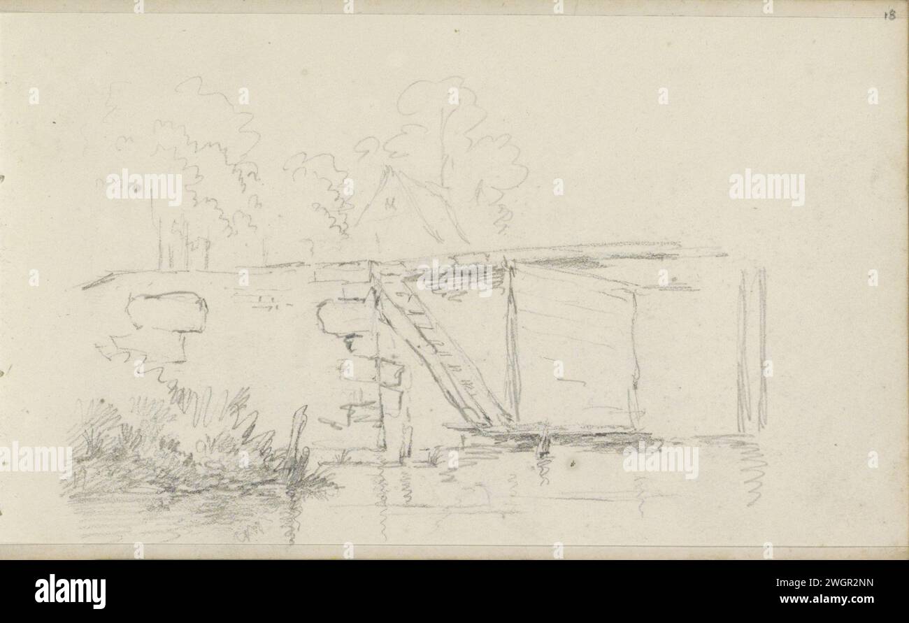 Vista di una serratura, Adrianus Everssen, c. 1828 - 1897 Vista di una porta a serratura aperta con scala. Pagina 18 Recto da un bozzetto con 27 riviste. Carta olandese. lucidità a matita, weir Foto Stock