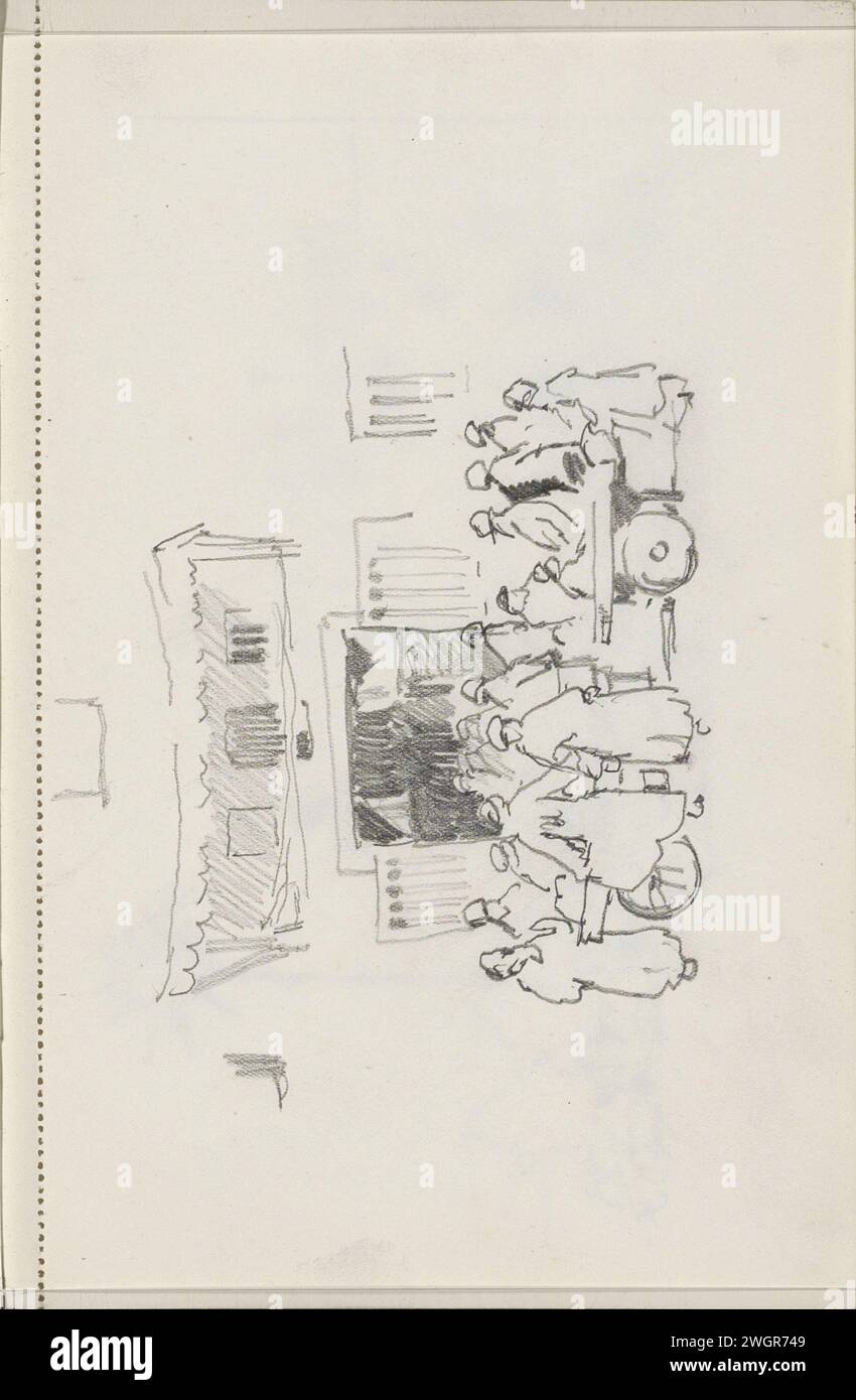 Figure di gruppo in costume orientale ad una porta, c. 1936 le figure, principalmente uomini e bambini, indossano abiti lunghi e si trovano di fronte a una porta a due carri. Pagina 28 Recto from a sketchbook with 73 sheets. Carta Maghreb. porta aperta a matita. via (+ città(-paesaggio) con figure, personale) Maghreb Foto Stock