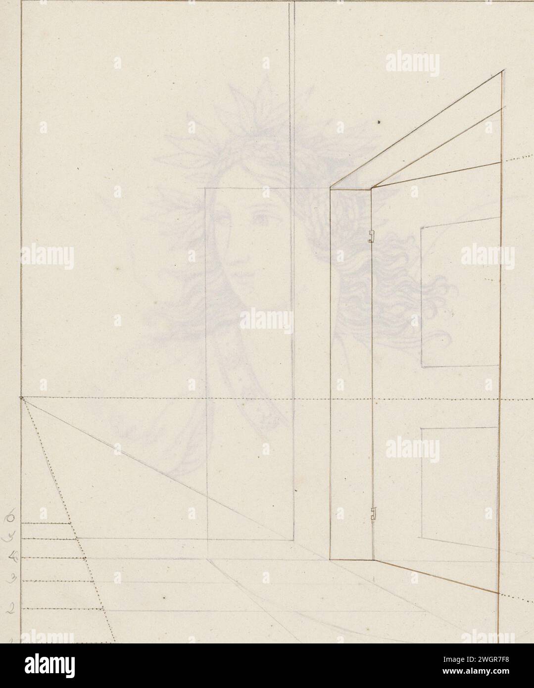 Esercizio di prospettiva con porta aperta, 1816 - 1852 pagina 30 Recto da un bozzetto con 94 fogli. carta. matita. punto di vista matematico della penna a inchiostro. aprire lo sportello Foto Stock