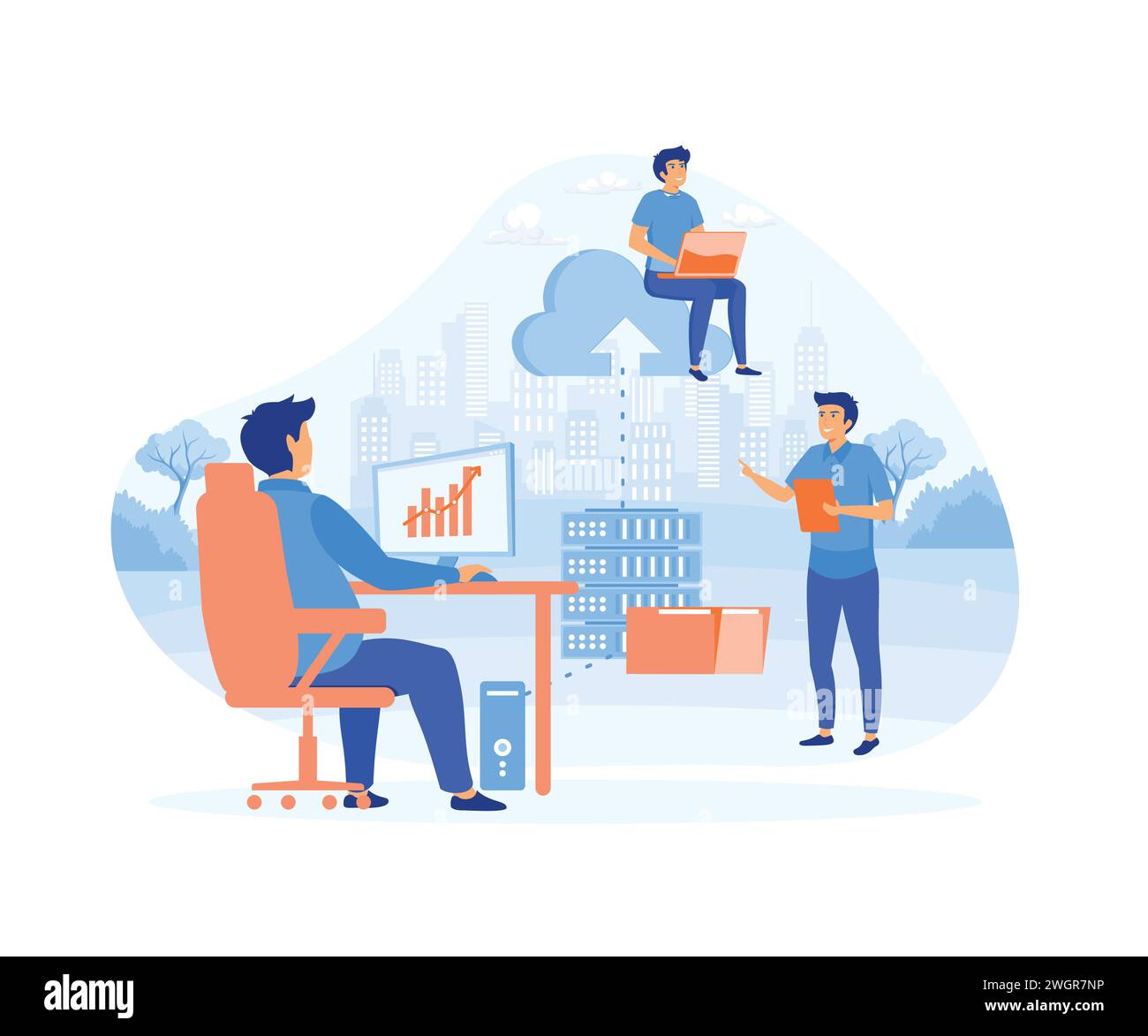 Concetto di servizio di cloud computing per lo storage della tecnologia aziendale con il team di amministratori che lavora sul cloud. illustrazione moderna vettoriale piatta Illustrazione Vettoriale