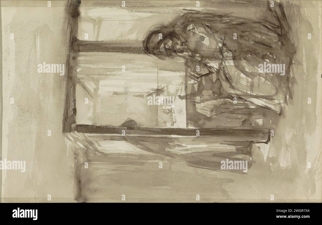 Abbracciare una donna con un Serredeur, 1892 - 1913 a causa del vetro della porta, si può vedere una seconda figura, presumibilmente un uomo seduto. Pagina 23 Recto da un bozzetto con 31 fogli. carta. spazzola a inchiostro all'interno della casa. donna adulta. figura seduta. cucito domestico; riparazione di vestiti. porta Foto Stock