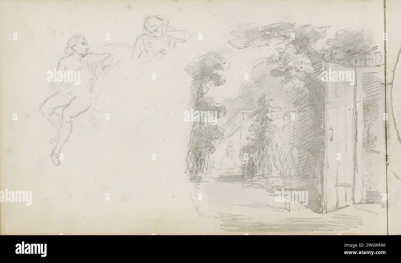 Uomo e donna seduti e porta aperta, c. 1840 - c. 1860 pagina 18 verso da un bozzetto con 38 fogli. Carta per paesi in basso. figura seduta a matita. aprire lo sportello Foto Stock