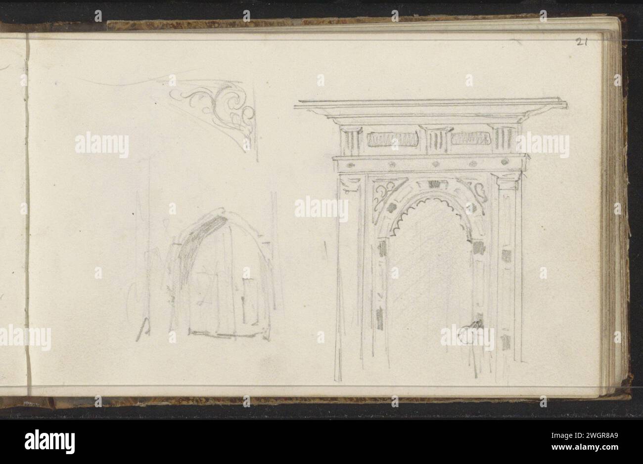 Due portali, 1819 - 1849 uno dei portali è decorato con un cornicione. Pagina 21 Recto da un bozzetto con 60 fogli. carta. porta monumentale a matita, portico, "aediculum" Foto Stock
