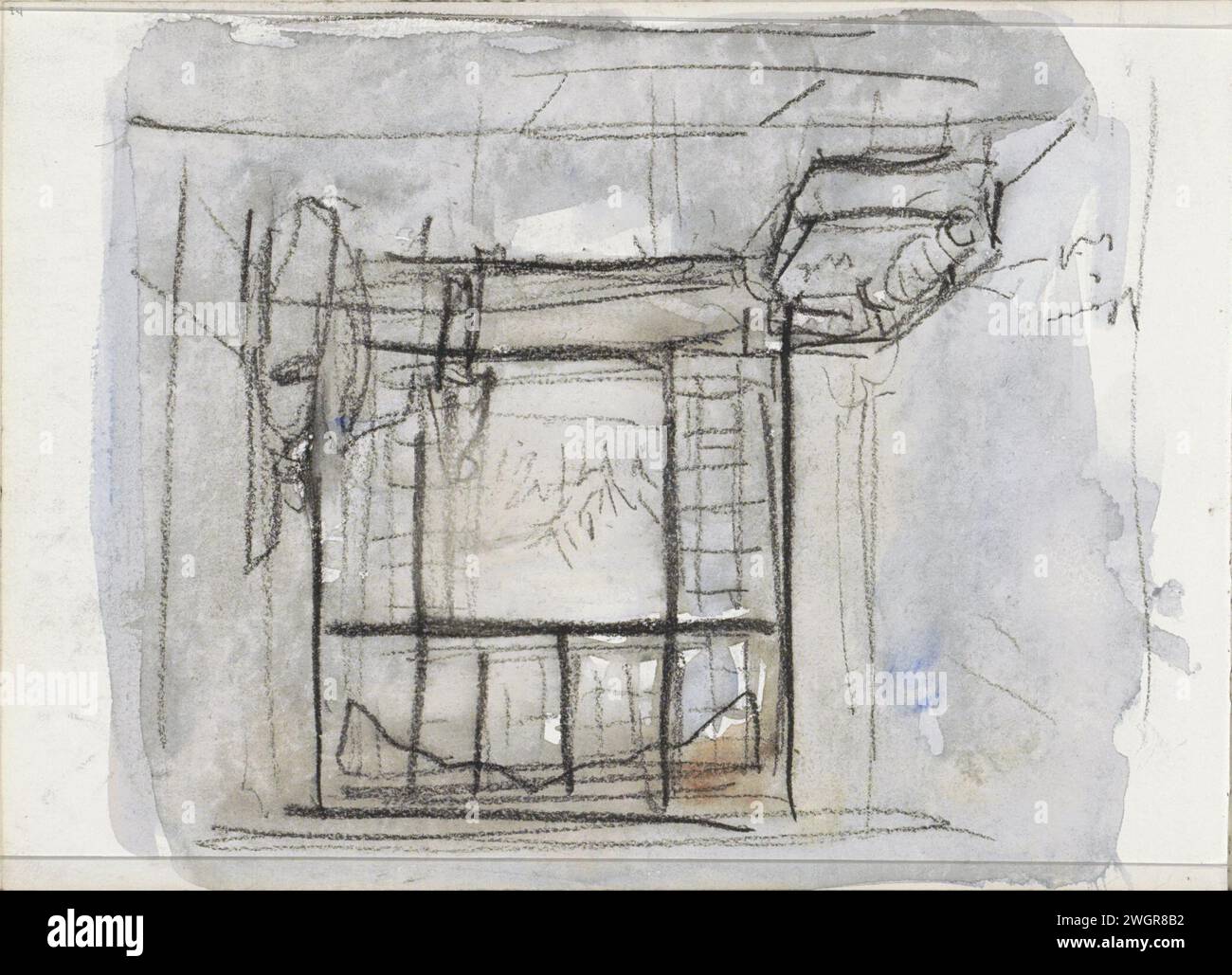 Figure in un interno, 1919 c'è un divano all'interno. Una parete di vetro offre una vista del giardino. Pagina 34 da uno sketch book con 23 riviste. Giornale egiziano. acquerello (vernice). spazzola con gesso all'interno della casa. divano, divano, divano. aprire lo sportello Foto Stock