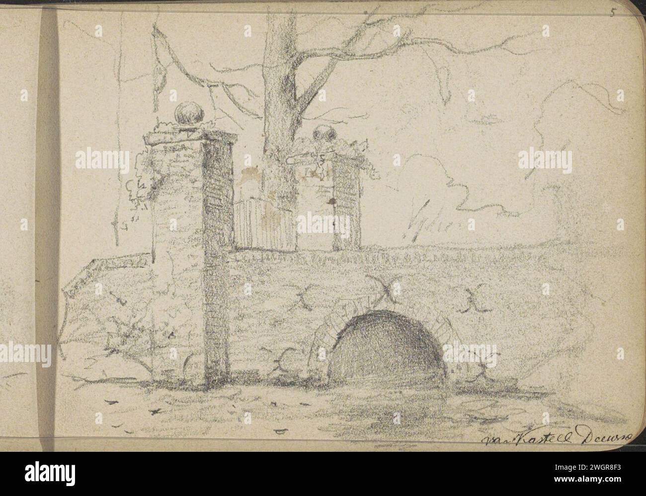 Ponte per il castello di Groot a Deurne, 1896 - 1897 pagina 5 Recto da un bozzetto con 44 fogli. Carta per porte. Ponte a matita, grande castello Foto Stock