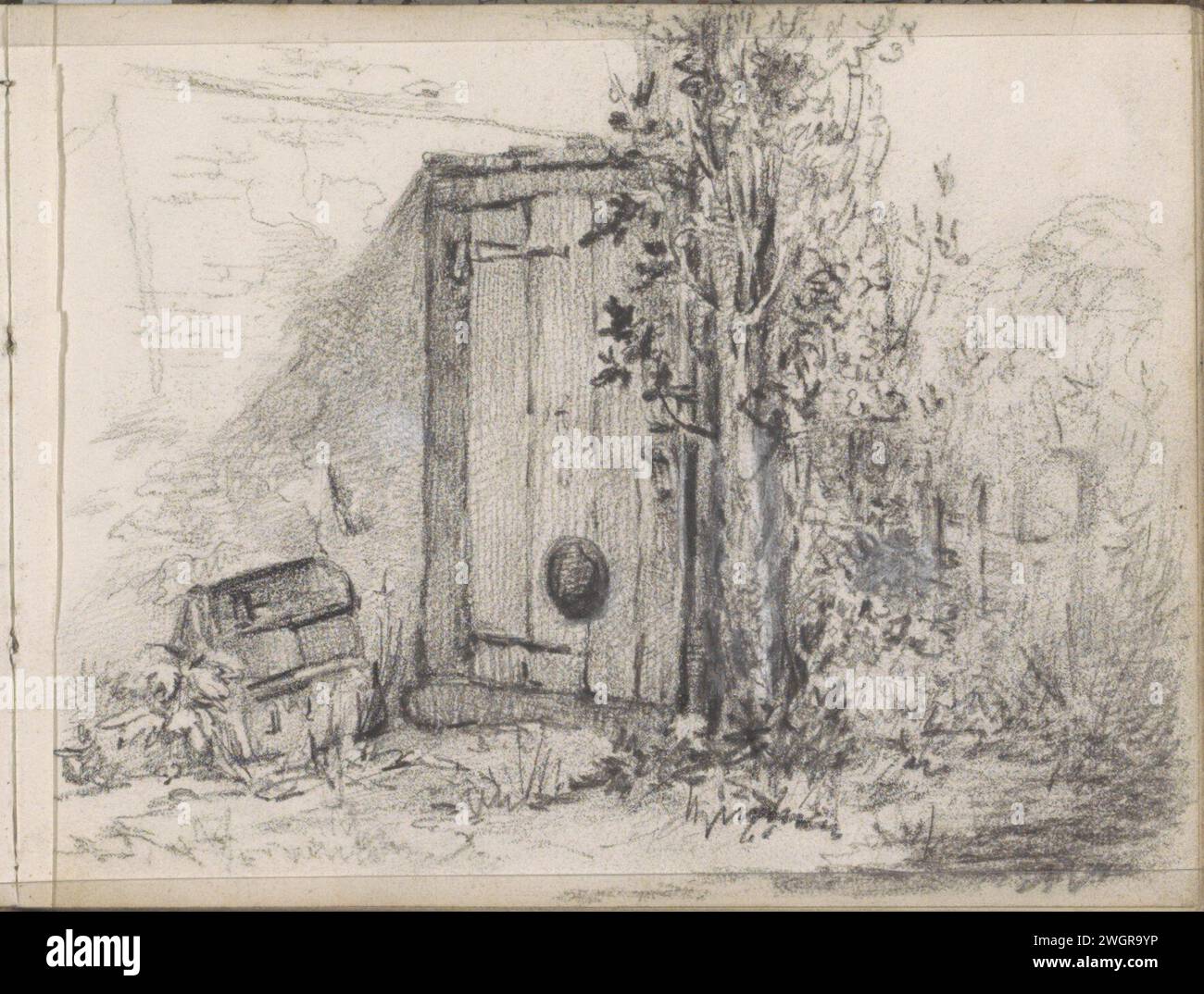 Porta fienile in legno in giardino, 1834 - 1906 pagina 2 Recto da un bozzetto con 21 fogli. carta. vernice del ponte. gesso. pennello da giardino. porta Foto Stock