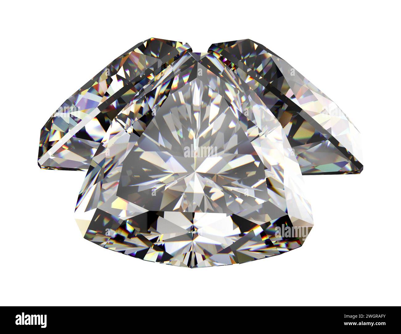 Un'immagine che mostra tre diamanti isolati dal taglio brillante con sfaccettature scintillanti Foto Stock