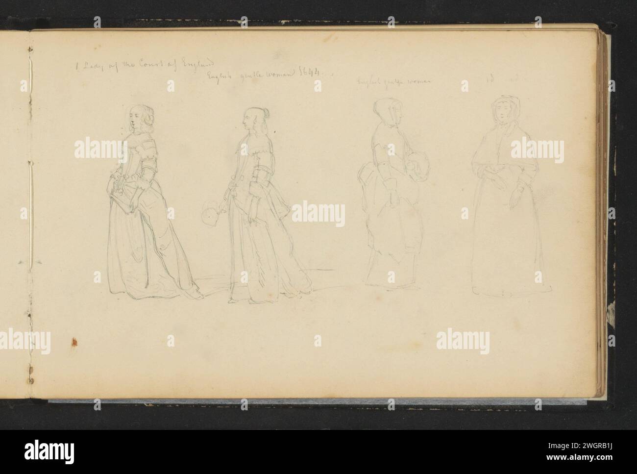 Quattro donne in abbigliamento del XVII secolo, Cornelis Springer, dopo Wenceslaus Hollar, c. 1846 - c. 1882 quattro donne in abbigliamento del XVII secolo. A sinistra una signora di corte inglese con una gamma pieghevole. Nel mezzo una donna distinta dall'Inghilterra con una piuma. Accanto a lei c'è anche una donna inglese con una manica. Pagina 20 da un bozzetto con 91 fogli. Carta olandese. matita donna adulta. vestiti, costume (+ abiti da donna) Foto Stock