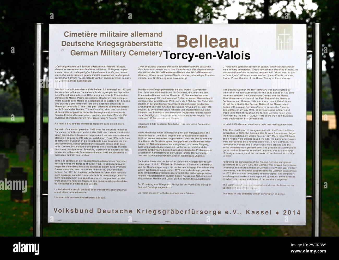 Consiglio informativo presso il cimitero militare tedesco di Belleau, Belleau, Torcy-en-Valois, Francia settentrionale, Francia. Foto Stock