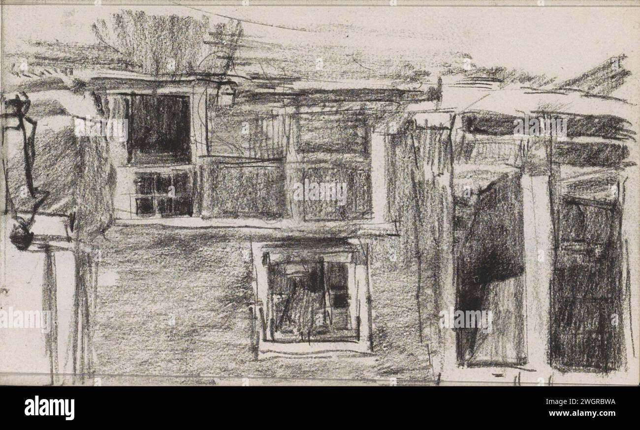 Facciata di una casa con porta aperta, 1875 - 1934 sulla sinistra una donna. Pagina 43 dal libro di schizzi XLVIII con 62 pagine. The Hague (possibilmente) carta. faÃ parte anteriore gesso. donna adulta. aprire lo sportello Foto Stock