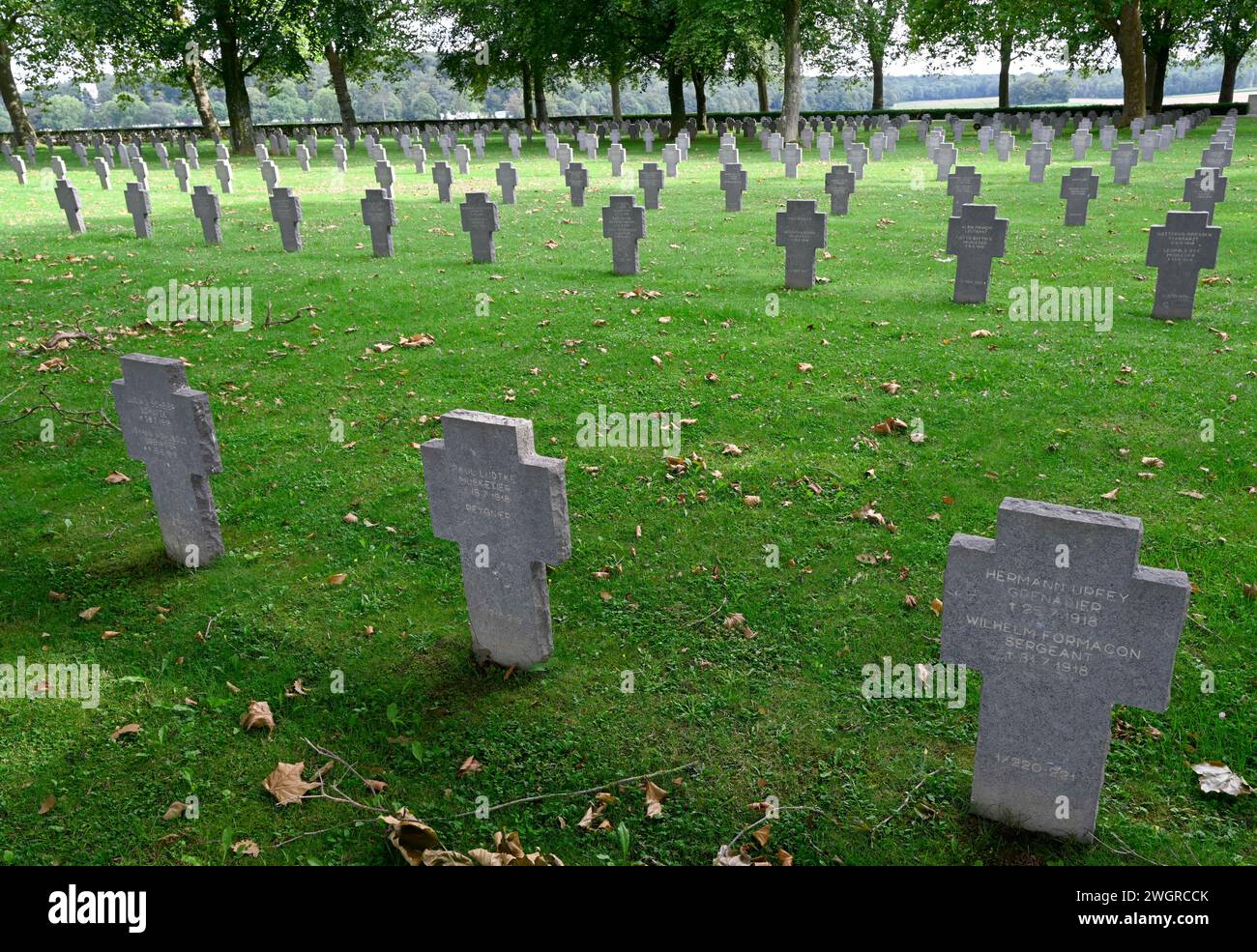 Lapidi nel cimitero militare tedesco della prima guerra mondiale a Belleau, Torcy-en-Valois, Francia settentrionale, Francia. Foto Stock