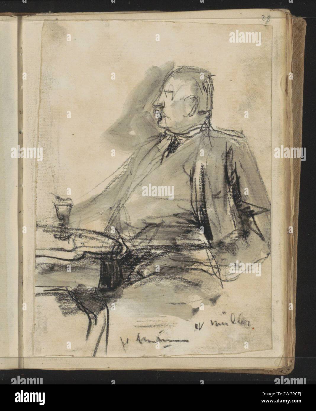 Ritratto dell'artista Willem Müller, Floris Arntzenius, c. 1883 - c. 1914 seduto a un tavolo con un bicchiere. Foglio, bloccato a pagina 28 da un bozzetto di 82 pagine. Il giornale dell'Aia. ritratto di gesso, autoritratto di artista Foto Stock Ritratto dell'artista Willem Müller, Floris Arntzenius, c. 1883 - c. 1914 seduto a un tavolo con un bicchiere. Foglio, bloccato a pagina 28 da un bozzetto di 82 pagine. Il giornale dell'Aia. ritratto di gesso, autoritratto di artista Foto Stock