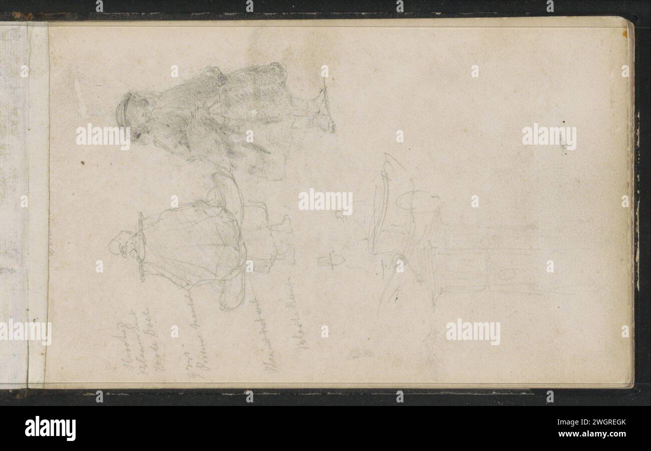 Foglio di studio con figure, un carrello e uno studio di architettura, Cornelis Springer, c. 1856 - c. 1861 sopra una donna con un involucro. Due cesti nelle sue mani. Sulla destra una donna con un cappello. Sotto due figure con un carrello a mano. Sotto di quello uno studio di architettura, forse una torre. Pagina 1 da un bozzetto con 44 fogli realizzati in Zelanda e Utrecht. Carta della Zelanda (possibilmente). matita per adulti. donna adulta. dettagli architettonici. carrello a mano Foto Stock