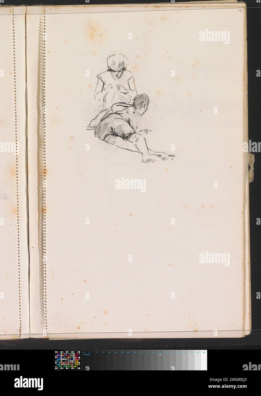 Ragazzo sdraiato accanto ad una ragazza di artigianato, c. 1928 - c. 1930 pagina 14 da un quaderno con 51 fogli. carta. figura sdraiata con gesso. Figura seduta - AA - figura umana femminile Foto Stock