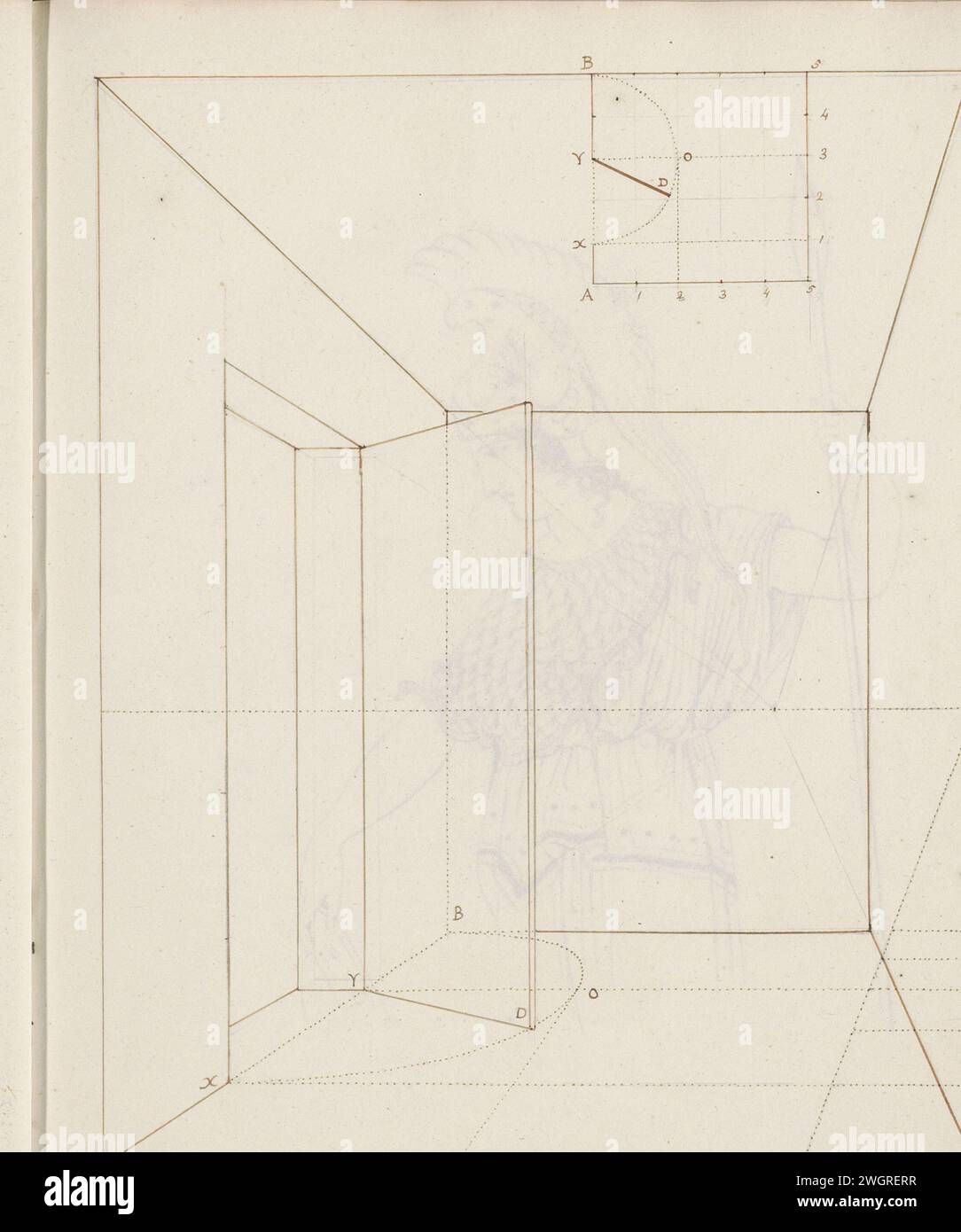 Esercizi di prospettiva, 1816 - 1852 l'esercizio rappresenta uno spazio vuoto con una porta aperta. Pagina 23 Recto da un bozzetto con 94 fogli. carta. matita. punto di vista matematico della penna a inchiostro Foto Stock