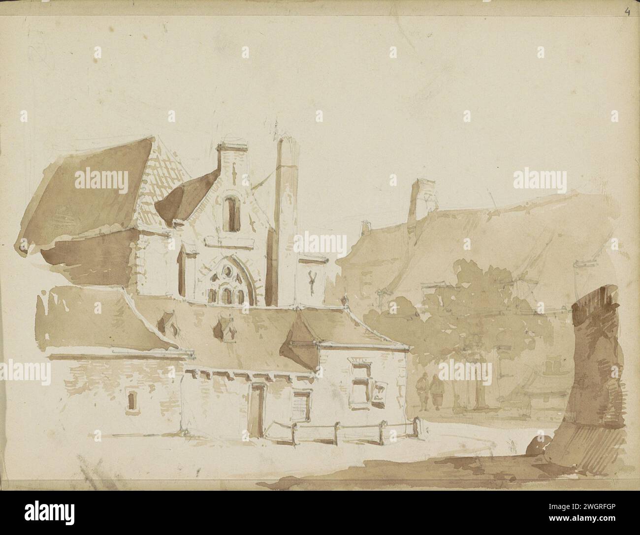 Paesaggio urbano con una chiesa, Adrianus Everssen, c. 1828 - 1897 paesaggio urbano con una chiesa. Sulla sinistra c'è un edificio. Sulla destra due figure sotto gli alberi per un edificio. Pagina 4 Recto da un bozzetto con 41 fogli. Carta olandese. vista sulla città a matita e paesaggio con costruzioni artificiali. chiesa (esterno) Foto Stock