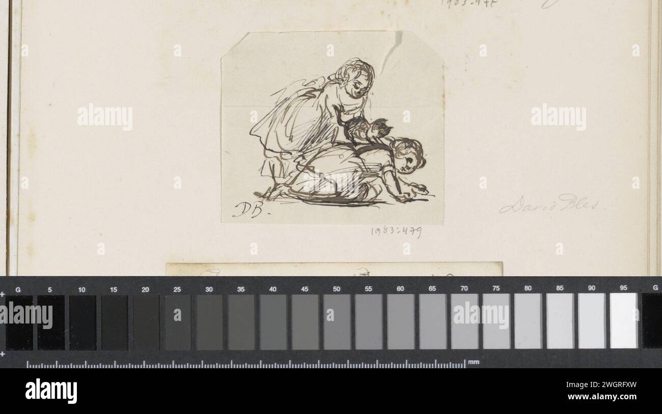 Due ragazze che giocano con un gatto, David Bles, 1831 - 1899 disegnando una ragazza è seduta in ginocchio con il gatto sulla schiena. La seconda ragazza si piega sopra il gatto. Il disegno fa parte di un album. carta. penna inchiostro bambino che gioca con gli animali. cat Foto Stock