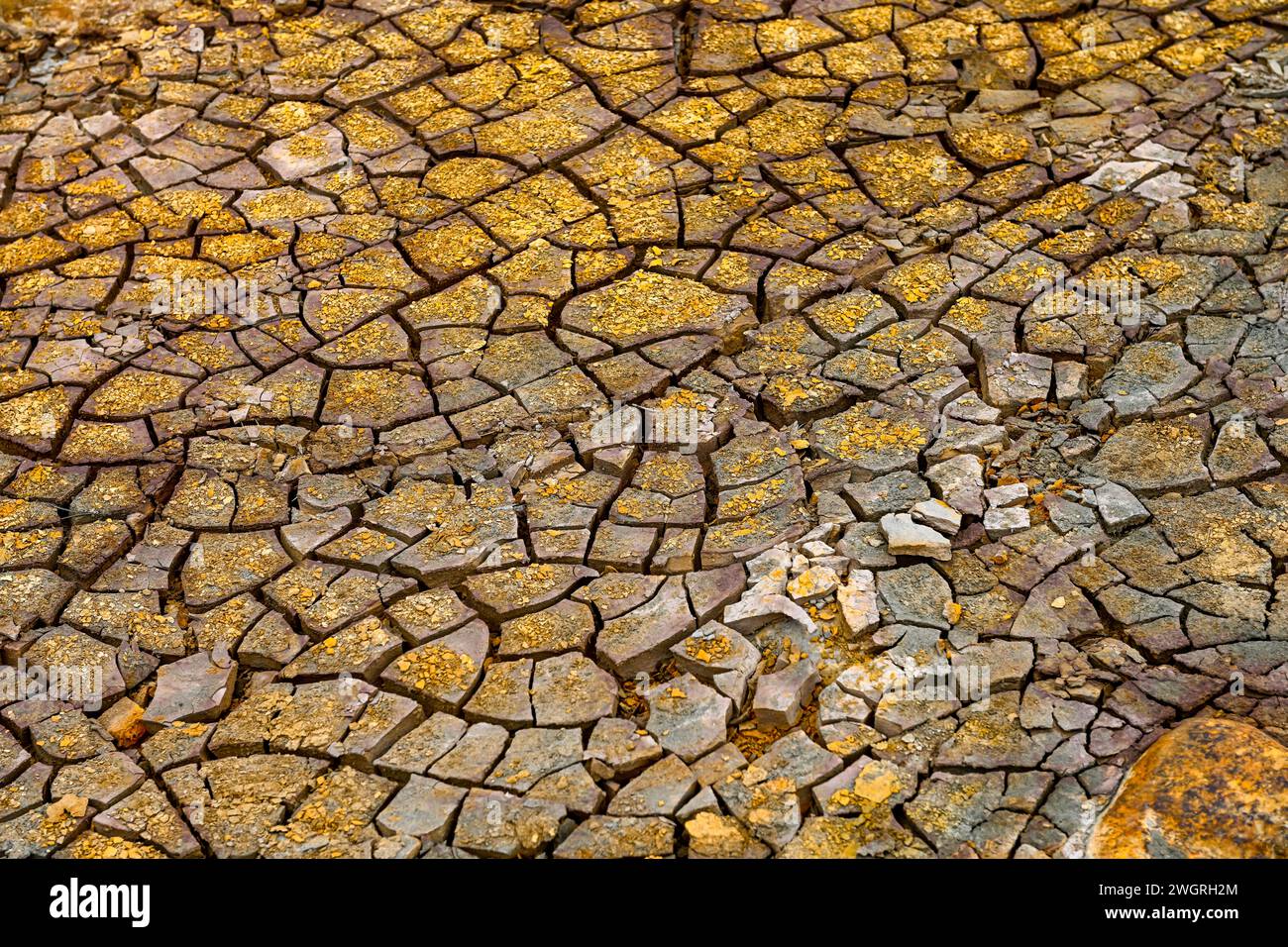 Il terreno arroccato del Rio Tinto è un mosaico di terra incrinata intervallata da depositi minerali brillanti Foto Stock