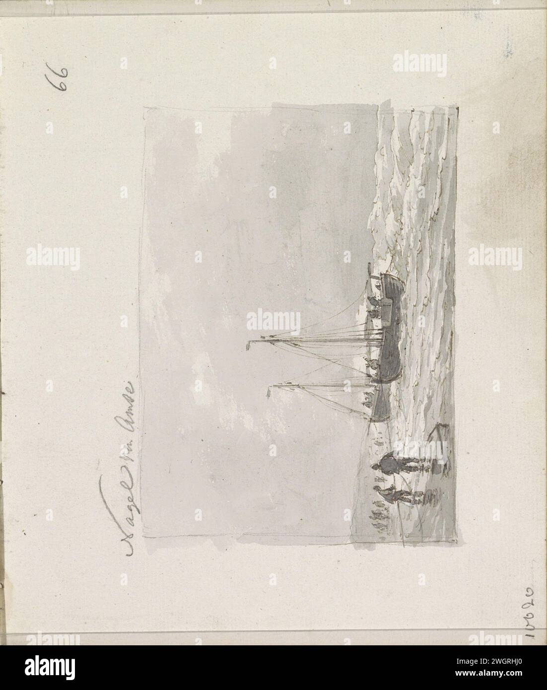 Due chiatte bomba sulla spiaggia, c. 1825 - c. 1829 Leaf 81 Recto da un bozzetto con 95 fogli. carta. inchiostro. acquerello (vernice). penna a matita / pennello spiaggia (+ paesaggio con figure, personale). barca a vela, barca a vela Foto Stock