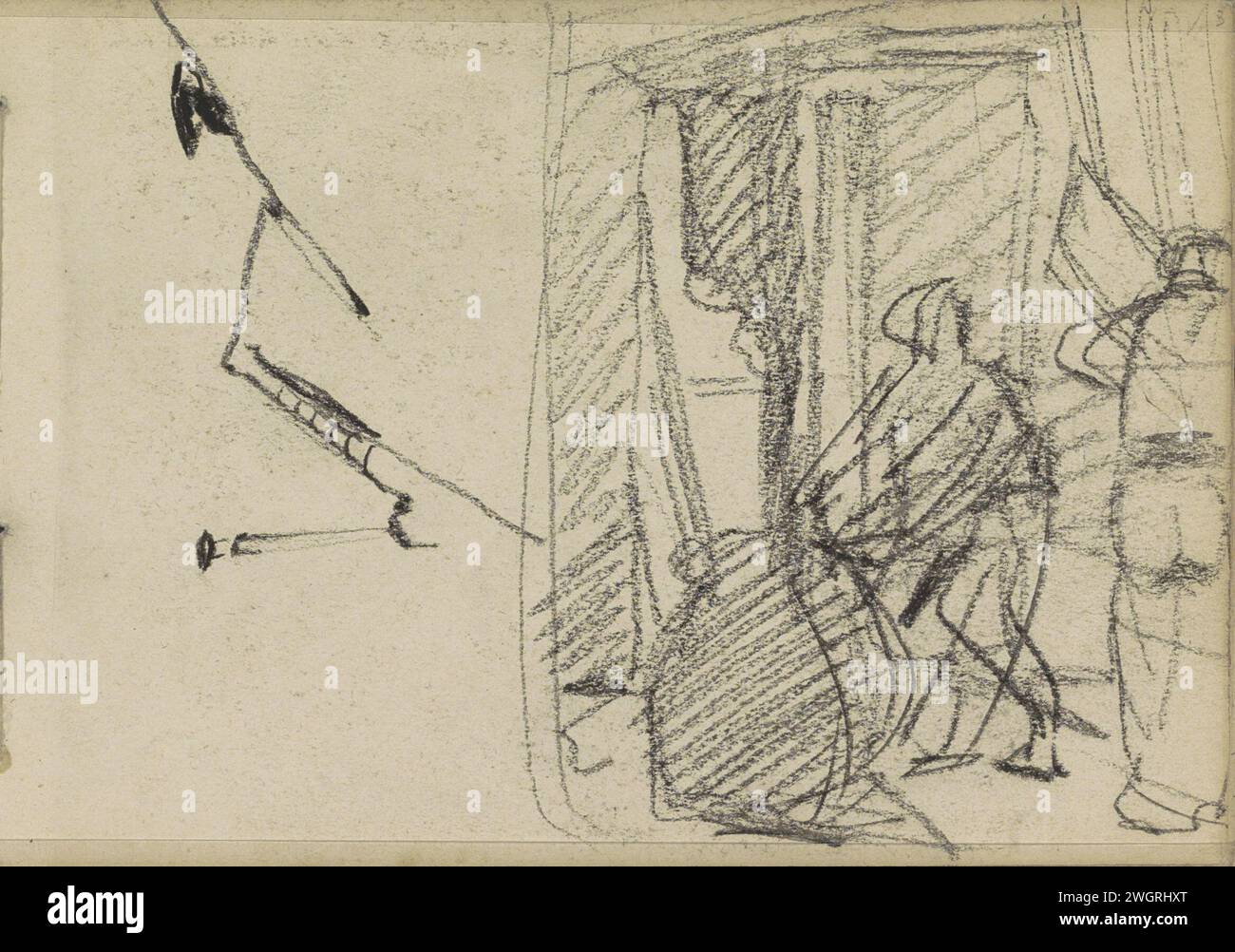 Molenaar con porta aperta e studio di architettura, Willem Witsen, 1906 - 1907 pagina 3 da un bozzetto con 25 riviste. Carta Wijk bij Duurstede. mulino a vento con gesso (+ uomini (operai)). architettura Foto Stock