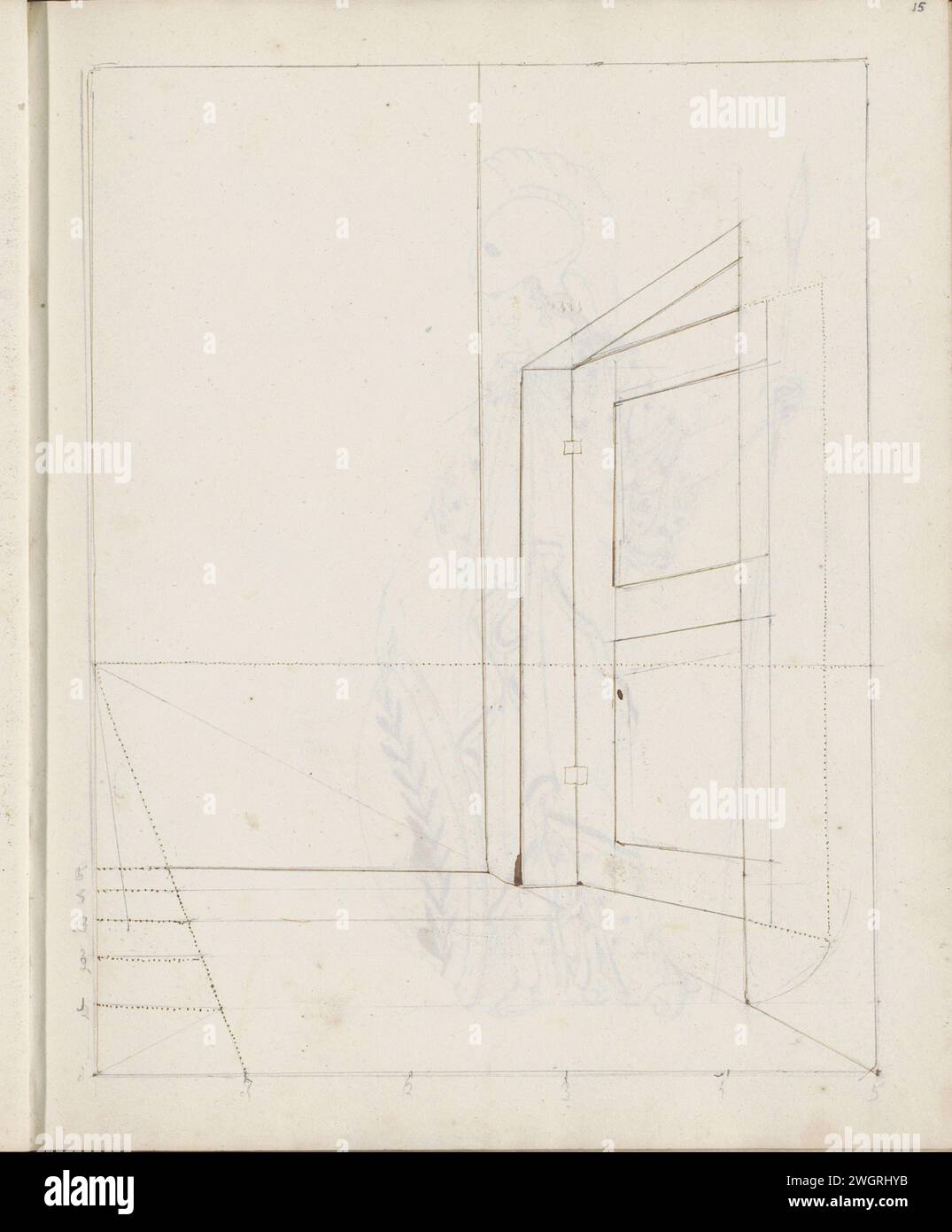 Esercizio di prospettiva a porta aperta, 1813 pagina 15 Recto da un libro di schizzi con 91 fogli. carta. inchiostro. penna a matita prospettiva matematica. aprire lo sportello Foto Stock
