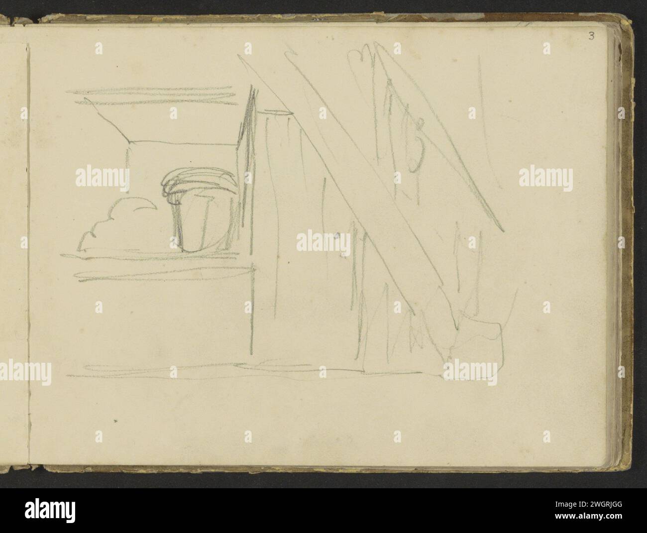 Trave inclinata in un interno, 1819 - 1849 dietro la trave c'è probabilmente una porta. Pagina 3 Recto from a sketchbook with 36 sheets. carta. interno a matita della casa. porta chiusa. scala Foto Stock