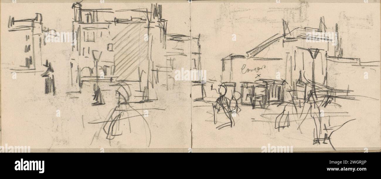 Vista della diga di Amsterdam con il Café Bisschop e la borsa di Zocher, George Hendrik Breitner, 1893 - 1899 sulla destra la torre della vecchia chiesa. Sui tram a cavallo anteriori. Pagina 23 e pagina 24 da uno sketch book con 28 riviste. Giornale di Amsterdam. squadra di gesso, luogo, circo, ecc. (+ città(-paesaggio) con figure, personale). alloggi urbani. diligenza, omnibus, tram a cavallo. Parti dell'esterno della chiesa e annessi: tower Dam. Beurs van Zocher. Vecchia chiesa Foto Stock