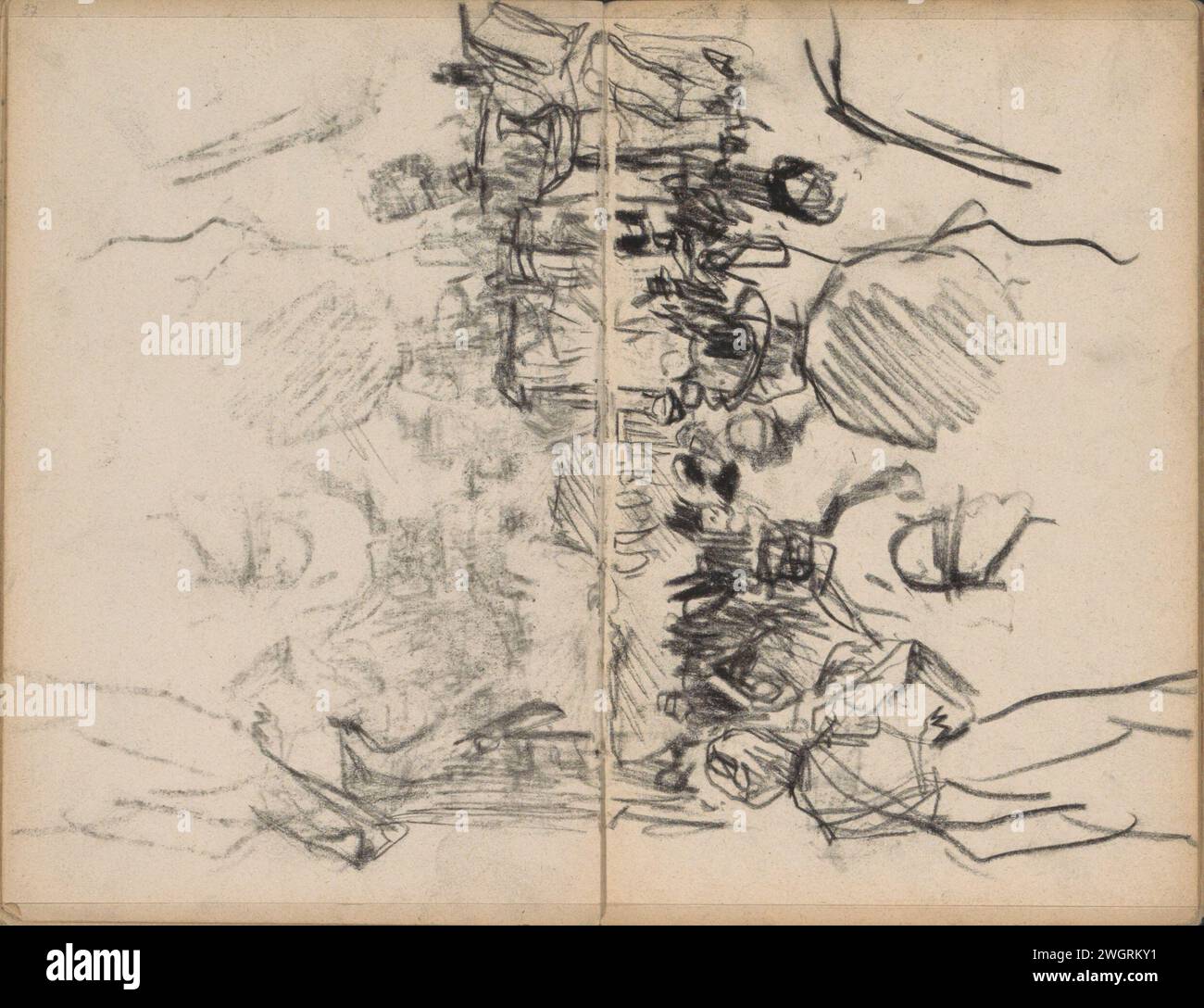 Vista di un affollato Rokin ad Amsterdam, George Hendrik Breitner, 1900 Vista di un affollato Rokin ad Amsterdam. Pagina 37 e pagina 38 da un bozzetto con 46 fogli realizzato ad Amsterdam. Giornale di Amsterdam. via gesso (+ città(-paesaggio) con figure, personale). Urban Housing Rock Foto Stock