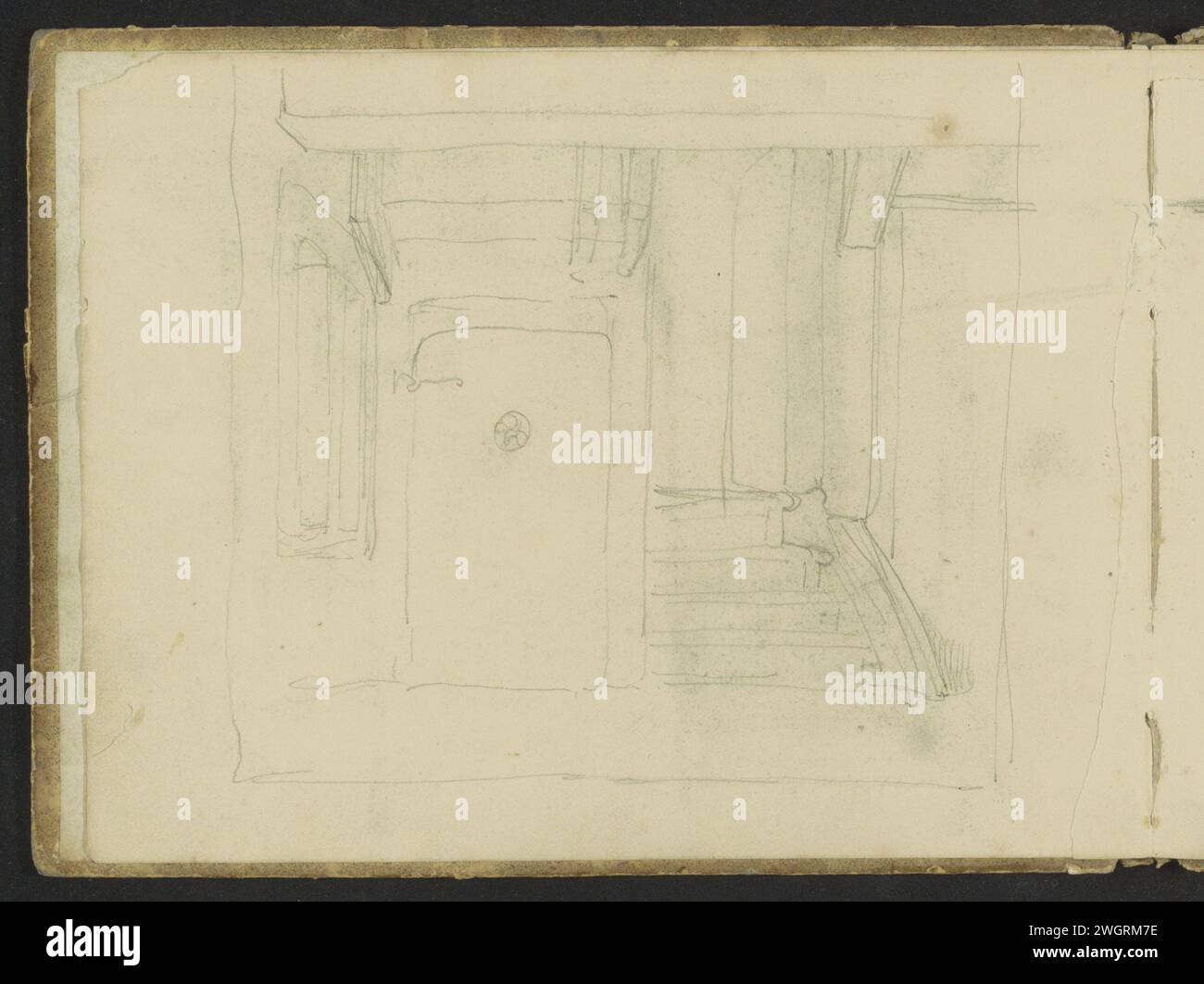 Interni degli agricoltori con porta e scale, 1819 - 1849 disegnati in una cornice. Pagina 1 verso da un bozzetto con 36 fogli. carta. interno a matita della casa. porta chiusa. scala Foto Stock