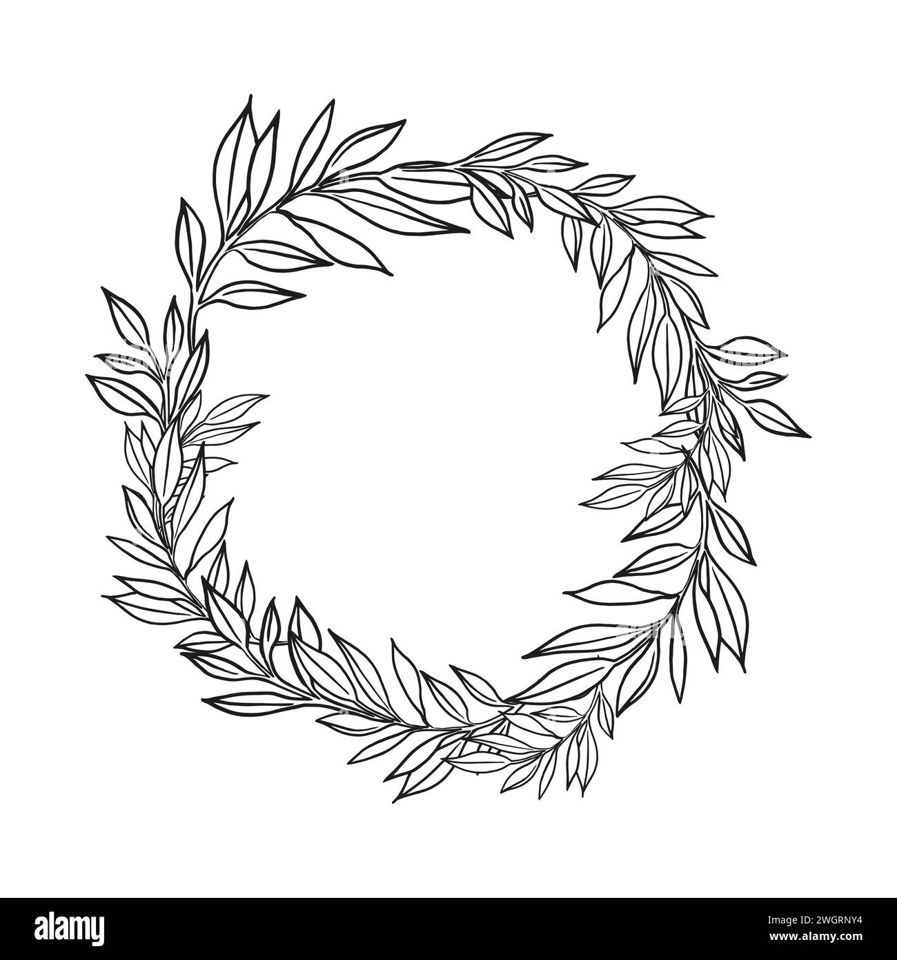 corona disegnata a mano con piante vettoriali, brunch di fiori, schizzo di foglie, erbe, erba, profilo a inchiostro delle foglie, illustrazione monocromatica isolata Illustrazione Vettoriale