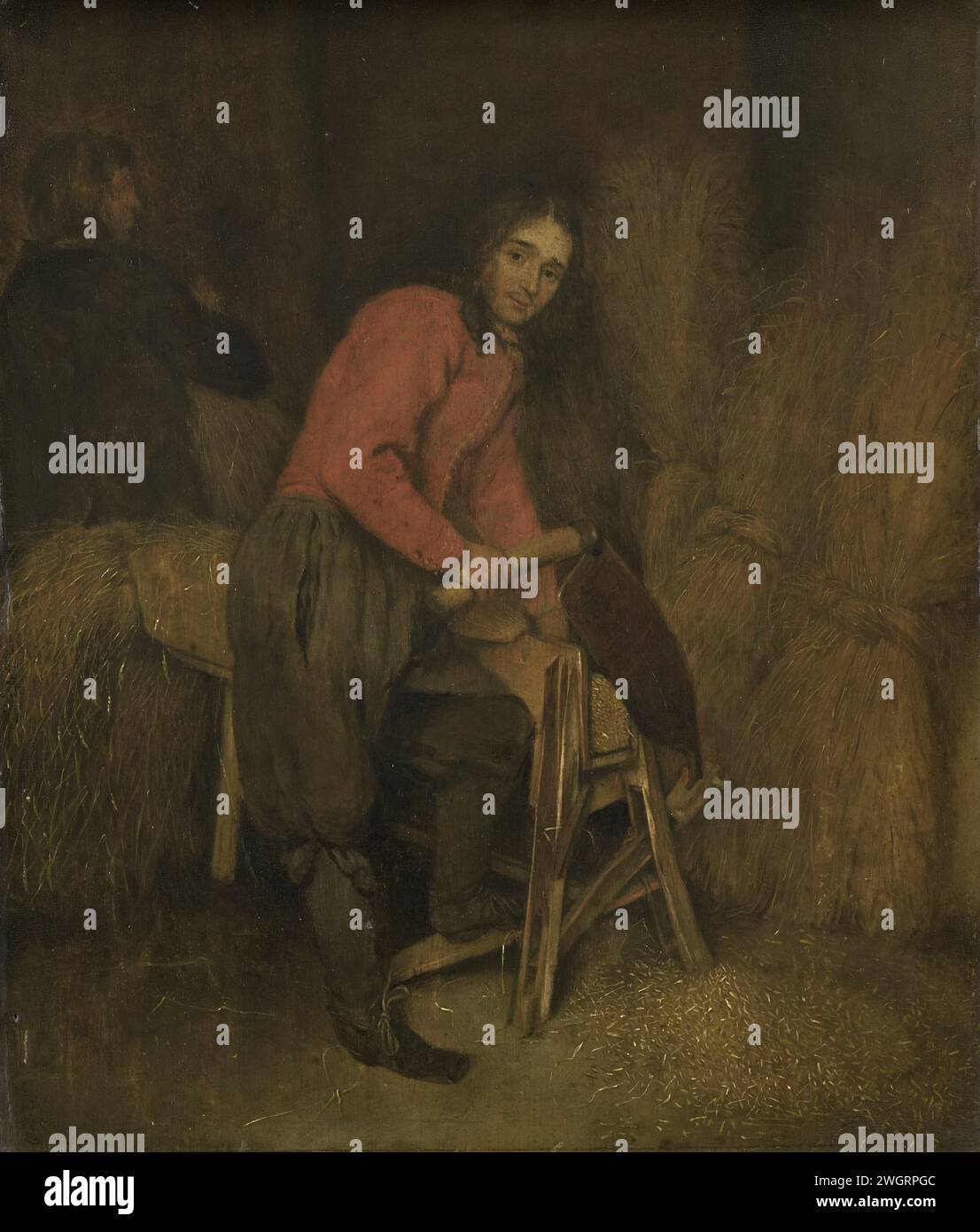 Balle di fieno, Caspar Netscher (attribuito a), 1660 - 1684 dipingendo il tagliapaglia. La paglia di un servo taglia una panca della cappa in un fieno. pannello. vernici a olio prodotti agricoli e sottoprodotti: paglia. segatura (processo industriale) Foto Stock