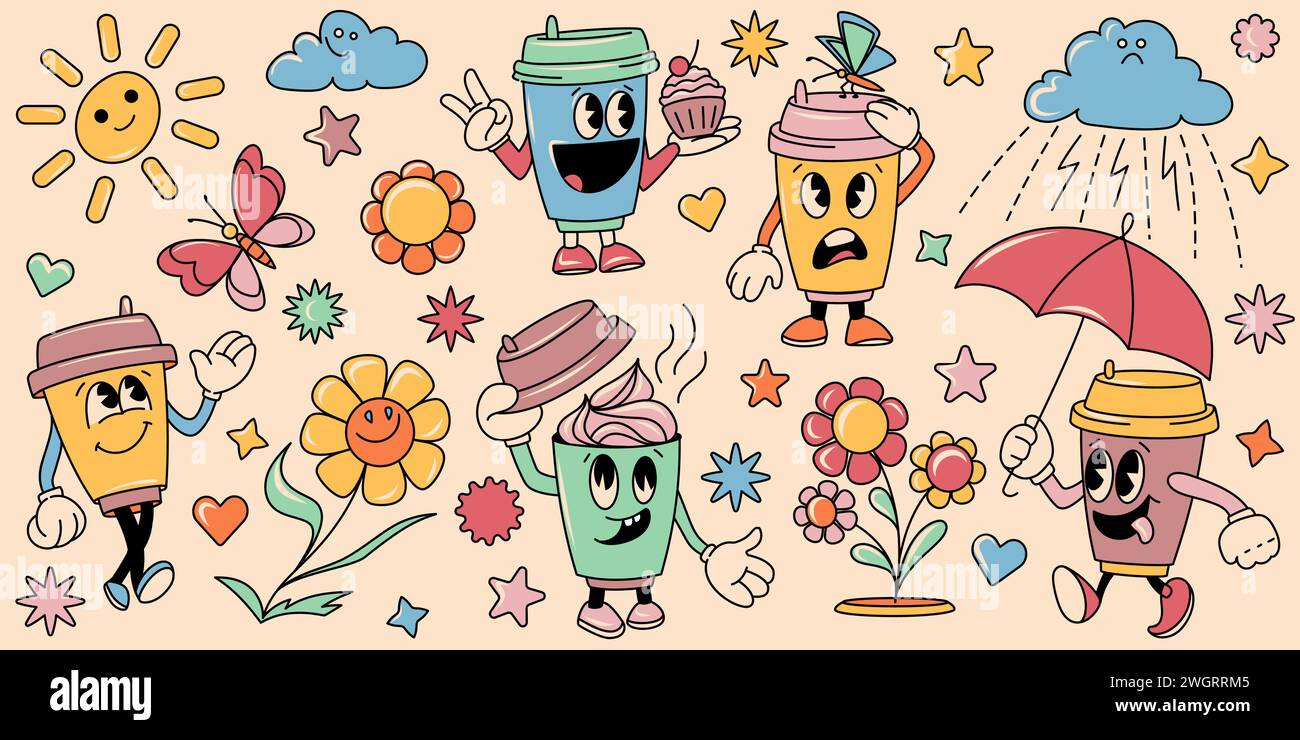 Set di personaggi vintage, Walking Coffee Cup ed elementi cartoni animati retrò per il design degli adesivi, Illustrazione Vettoriale