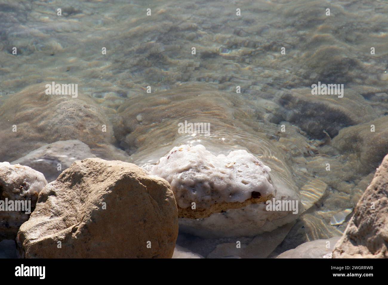 Rocce saline cristallizzate lungo le rive del Mar morto, Israele Foto Stock