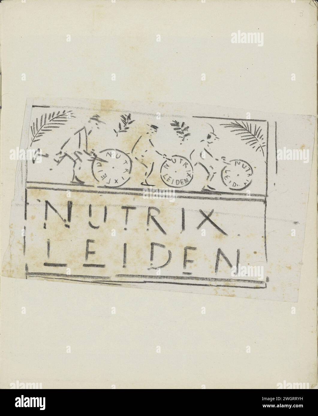 Design per Biscuit Factory Nutrix a Leiden, 1876 - 1924 il design mostra tre uomini che lasciano rotolare un biscotto. Pagina 3 Recto da un album con 17 fogli. carta. biscotti con gesso. materiale stampato Foto Stock
