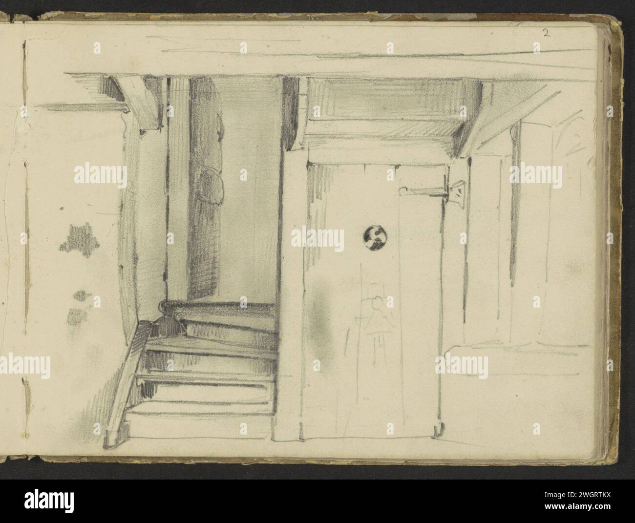 Farmers Interior con porta e scale, 1819 - 1849 Page 2 Recto da un bozzetto con 36 fogli. carta. interno a matita della casa. porta chiusa. scala Foto Stock